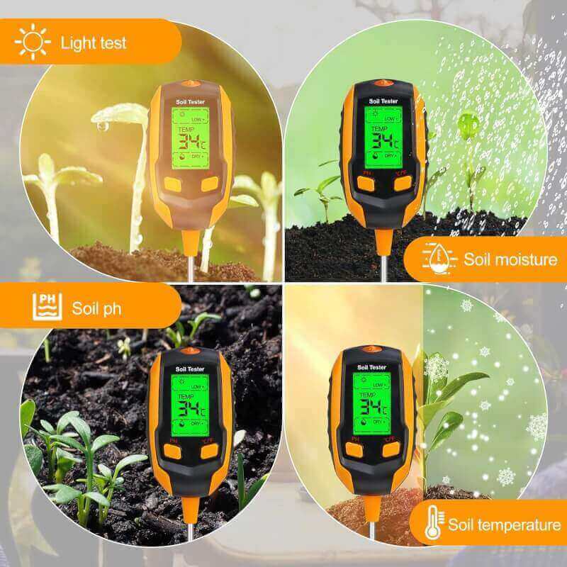 4-in-1 Soil Moisture Meter ,Digital Plant Temperature/Soil Moisture/PH Meter/Sunlight Intensity/Environment Humidity Backlight LCD display Soil Test Meter for Gardening, Farming,and Outdoor Plants