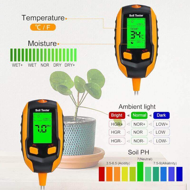 4-in-1 Soil Moisture Meter ,Digital Plant Temperature/Soil Moisture/PH Meter/Sunlight Intensity/Environment Humidity Backlight LCD display Soil Test Meter for Gardening, Farming,and Outdoor Plants