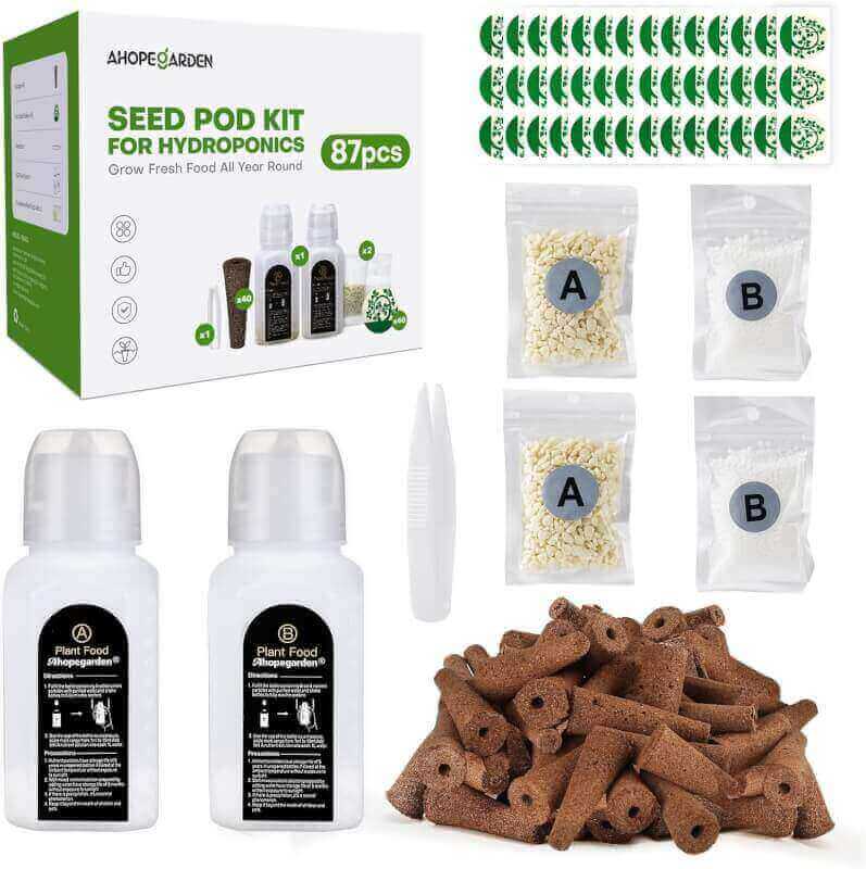 87pcs Seed Pod Kit Compatible with Aerogarden and All Brands - Grow Anything Kit for Indoor Garden Hydroponics Growing System with 40 Grow sponges, 40 Pod Labels, 6 AB Plant Food, 1 Tweezers