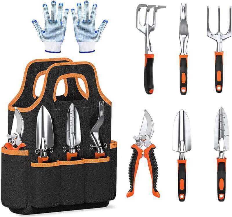 Garden Tool Set, 8 PCS Stainless Steel Heavy Duty Gardening Tool Set with Non-Slip Rubber Grip, Storage Tote Bag, Outdoor Hand Tools, Pruning Shears Set, Gardening Tool Kit Gifts for Women and Men