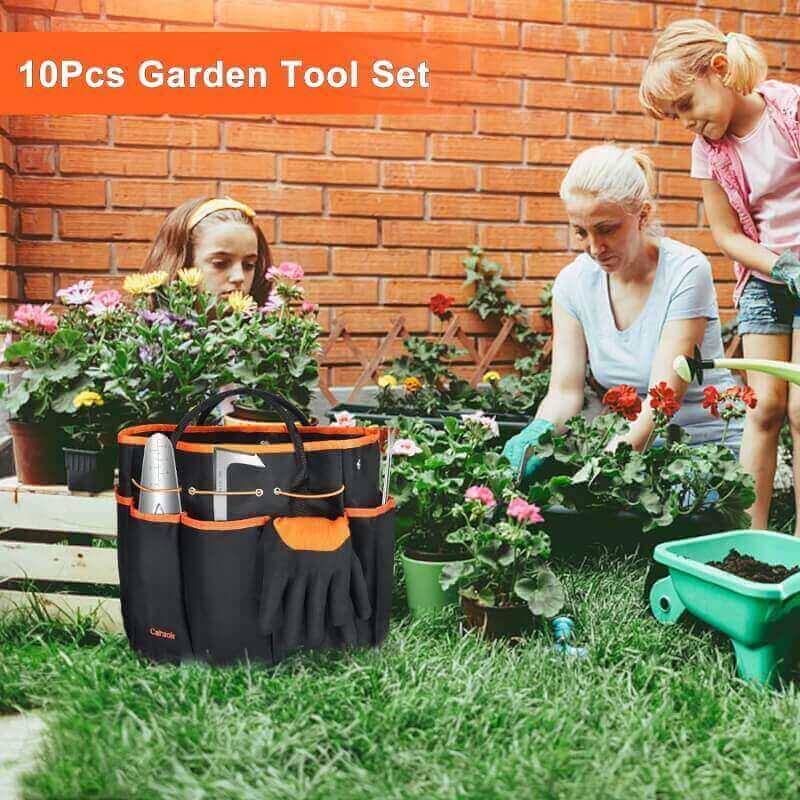 Garden Tool Set, Carsolt 10 Piece Stainless Steel Heavy Duty Gardening Tool Set for Digging Planting Pruning Gardening Kit with Durable Bag Gloves Gift Box Ideal Garden Gifts for Women Men