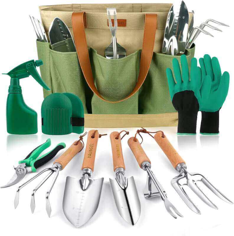 Garden Tools Set, YAUNGEL Gardening Tools Heavy Duty Stainless Steel Gardening Supplies Hand Tools with Wooden Handle, Storage Tote Bag, Ideal Gardening Gifts for Women and Men