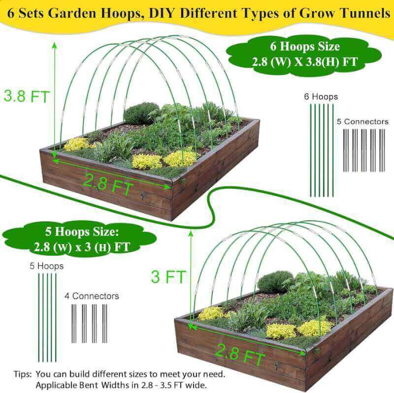 Greenhouse Hoops Grow Tunnel 6 Sets of 8FT Long Garden Hoops, Rust-Free Fiberglass Garden Hoops Frame for Garden Netting Raised Bed Plant Shade Cloth Row Cover, DIY Plant Support Garden Stakes, 36pcs