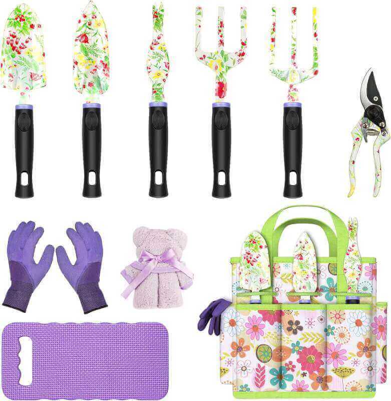 JUMPHIGH Gardening Tool Set, 10 PCS Heavy Duty Aluminum Garden Kit Floral Gardening Gifts for Women, Garden Hand Tools with Non-Slip Rubber Handle, Kneeling Pad, Garden Gloves and Storage Tote Bag