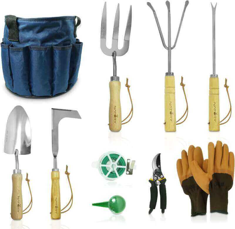 Natury Garden Tools Set – Premium Stainless Steel Gardening Hand Tools with Solid Beechwood Handle – Gardening Kit with Rake, Shovel, Gloves, Shears, Tool Organizer – Garden Gifts for Women and Men