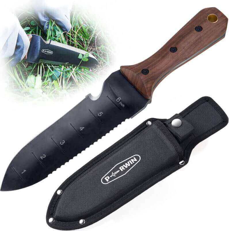 PERWIN Hori Hori Garden Knife, Garden Tools with Sheath for Weeding,Planting,Digging, 7 Stainless Steel Blade with Cutting Edge, Full-Tang Wood Handle with Hanging Hole