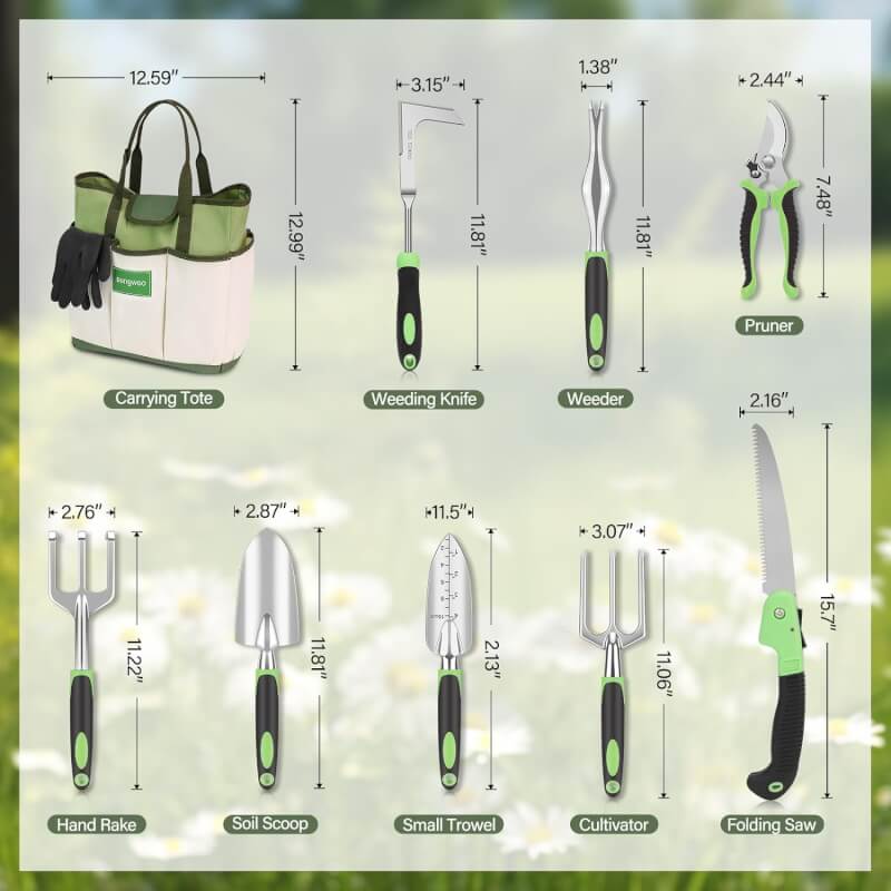 sungwoo Garden Tool Set 10 Piece, Heavy Duty and Lightweight Aluminium Alloy Tools with Non-Slip Ergonomic Handle, Durable Storage Tote Bag, Gardening Hand Tools, for Women and Men Green