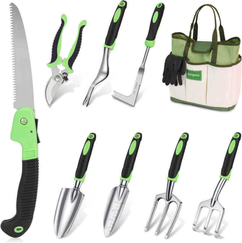 sungwoo Garden Tool Set 10 Piece, Heavy Duty and Lightweight Aluminium Alloy Tools with Non-Slip Ergonomic Handle, Durable Storage Tote Bag, Gardening Hand Tools, for Women and Men Green