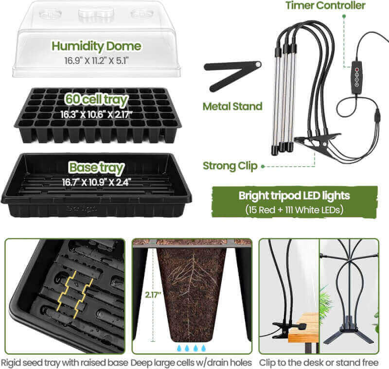 [Upgraded Light] Seed Starter Kit with Grow Light - Durable 60 Cell Seed Starting Tray, Humidity Dome for Seed Growing Germinating, Seedling Starting, Cutting Clone  Plant Propagation Kit