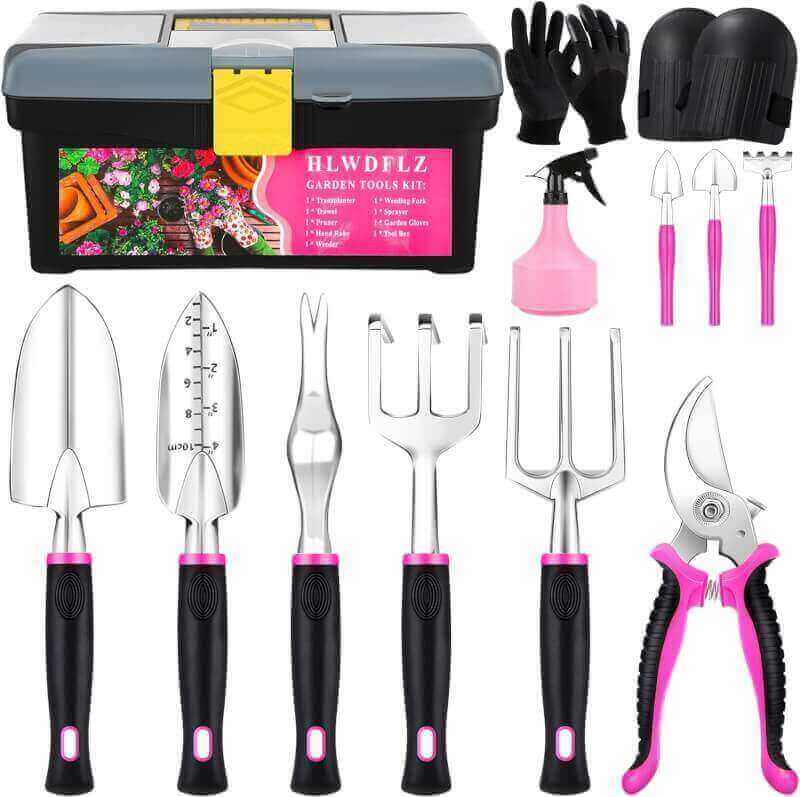 HLWDFLZ Garden Tool Set - 13 Pieces Heavy Duty Aluminum Gardening Tools, Gardening Gifts for Women, with Storage Box Pruning Shears Gardening Knee Pads Succulent Tools, Pink