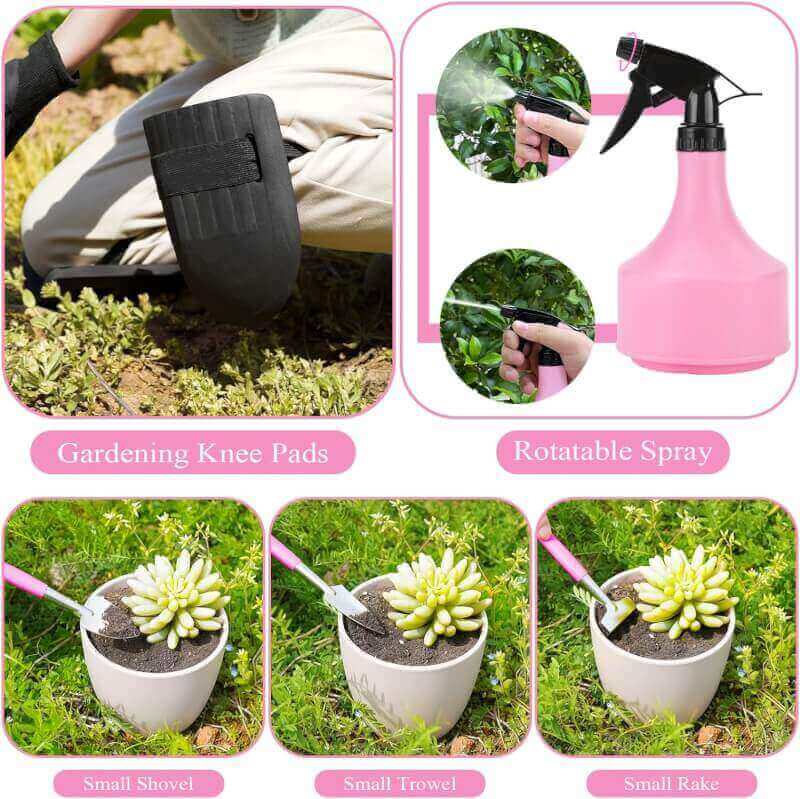HLWDFLZ Pink Garden Tool Set Gardening Gifts for Women - 24PCS Heavy Duty Garden Tools with Detachable Storage Bag, Succulent Tool Set, Weeder