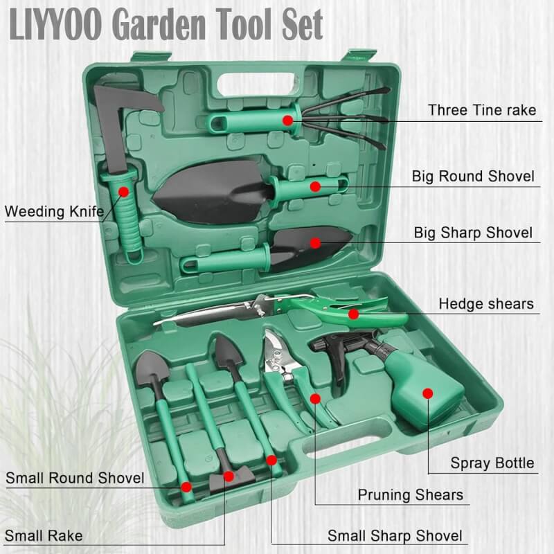 LIYYOO Garden Tool Set,10 PCS Gardening Tools Set with Carrying Case,Gardening Hand Tools,Ergonomic Hand Tool, Pruner, Rake, Shovel, Trowel, Sprayer, Gardening Gifts for Women