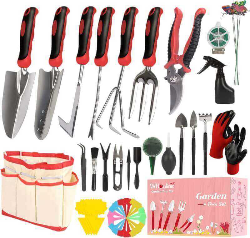 Whonline Gardening Tools Set, 87Pcs Heavy Duty Garden Tool Kit, Succulent Tools Set and Durable Storage Tote Bag Included, Plant Tools Gifts for Men Women
