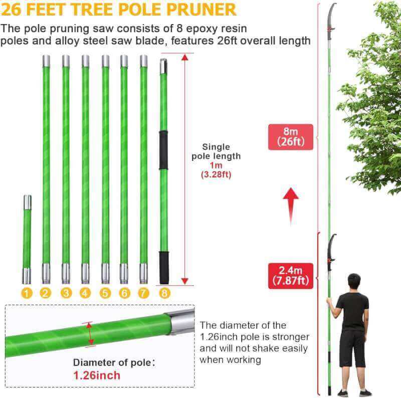 26 Feet Tree Pole Pruner Manual Branches Trimmer Tree Branch Garden Tools Loppers Hand Pole Saws Extendable Height