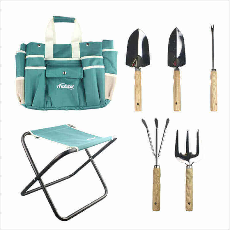 7 Piece Garden Tool Set Including Folding Stool with Tool Bag, All in ONE Gardening Tool Kit Gifts for Women  Men