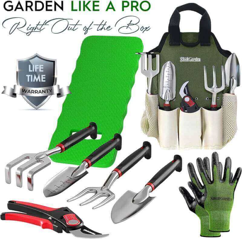 8-Piece Gardening Tool Set-Includes EZ-Cut Pruners, Lightweight Aluminum Hand Tools with Soft Rubber Handles- Trowel, Bamboo Gloves, Garden Tote, High Density Comfort Knee Pad Gardening Gifts Tool Set