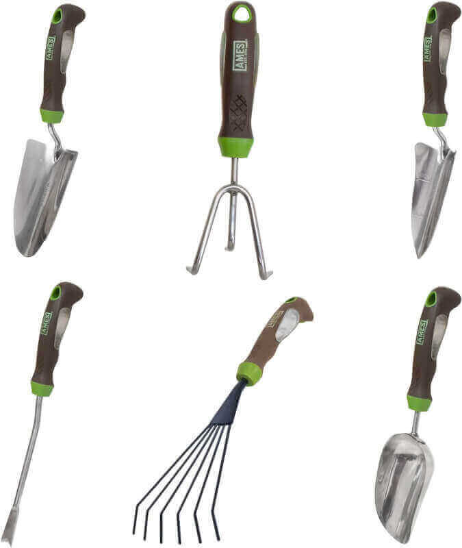 AMES 24451009 6-pc. Ergo Gel Grip Garden Tool Set with Hand Trowel, Weeder, Rake, Transplanter, Scoop  Cultivator