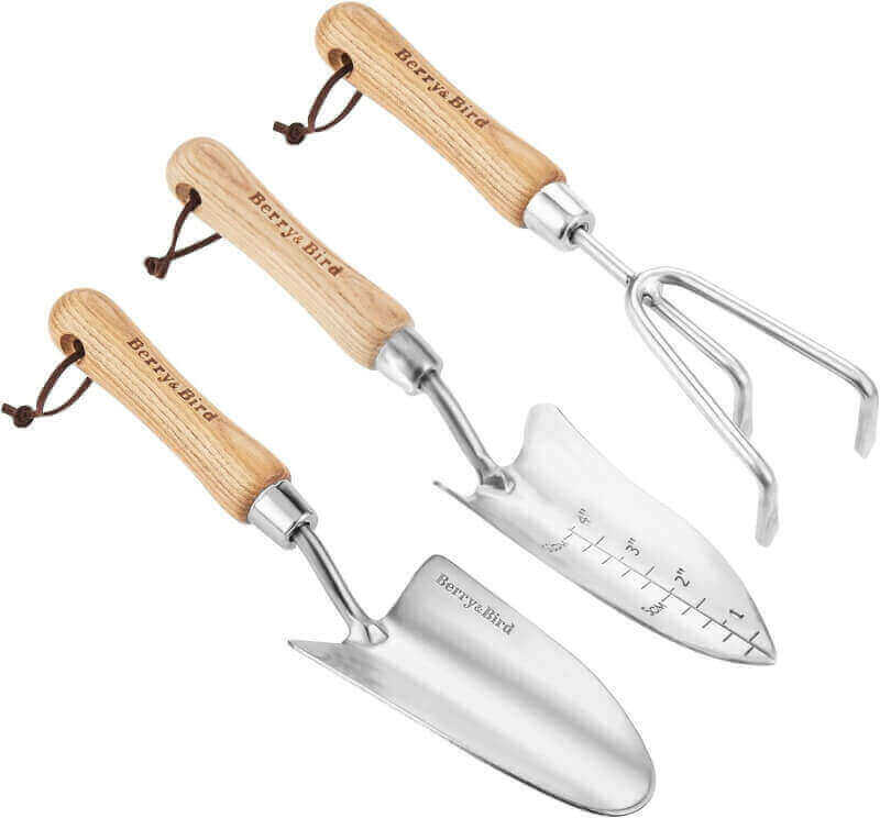 BerryBird Garden Tool Set, 3 PCS Stainless Steel Heavy Duty Gardening Tool Kit Includes Hand Trowel, Transplanter and Hand Cultivator with Ash Wood Handle for Transplanting Digging Loosening Soil