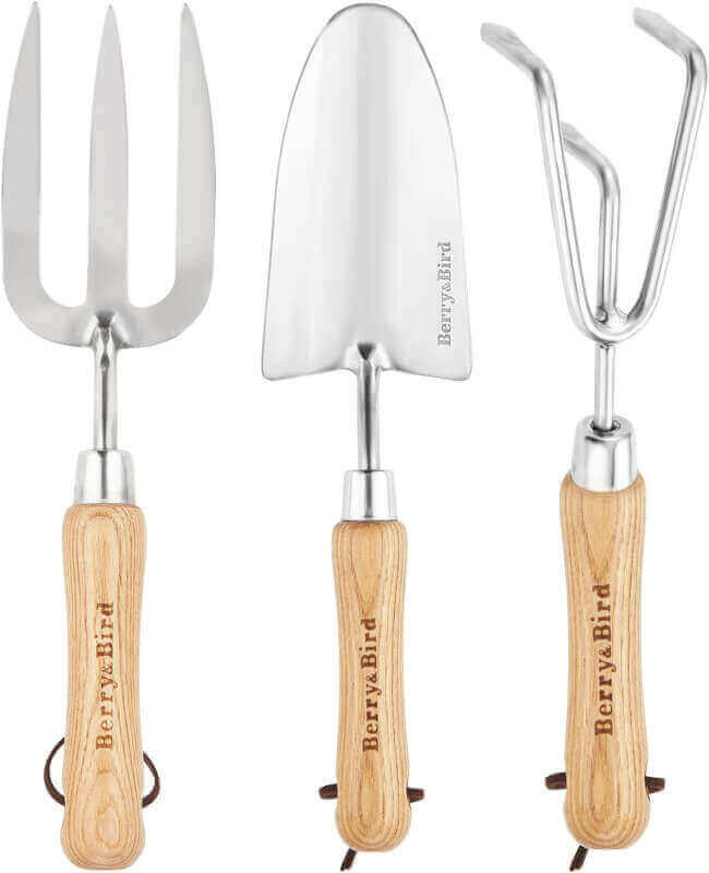 BerryBird Garden Tool Set 3 Pieces Stainless Steel Heavy Duty Gardening Kit Includes Hand Trowel, Hand Cultivator and Hand Fork with Wood Handle for Weeding Transplanting Digging, Ideal Garden Gifts