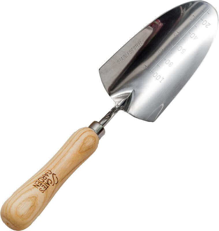 Cate’s Garden Hand Trowel - Dig, Shovel and Plant - Heavy Duty Stainless Steel Garden Spade Tool, Smooth Vintage-Style Natural Ash Wood Handle and Leather Strap