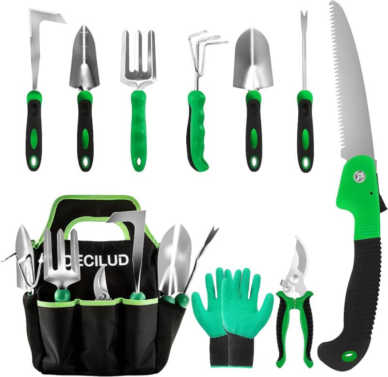 DECILUD Gardening Tool Set, 10 PCS Garden Tool Set, Stainless Steel Heavy Duty Gardening Tools Set for Digging Planting Trimming with Non-Slip Ergonomic Handle, Gardening Kit Gifts for Women and Men