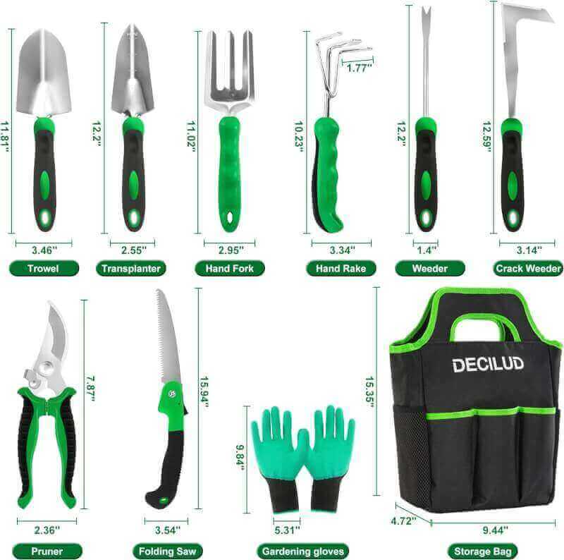DECILUD Gardening Tool Set, 10 PCS Garden Tool Set, Stainless Steel Heavy Duty Gardening Tools Set for Digging Planting Trimming with Non-Slip Ergonomic Handle, Gardening Kit Gifts for Women and Men