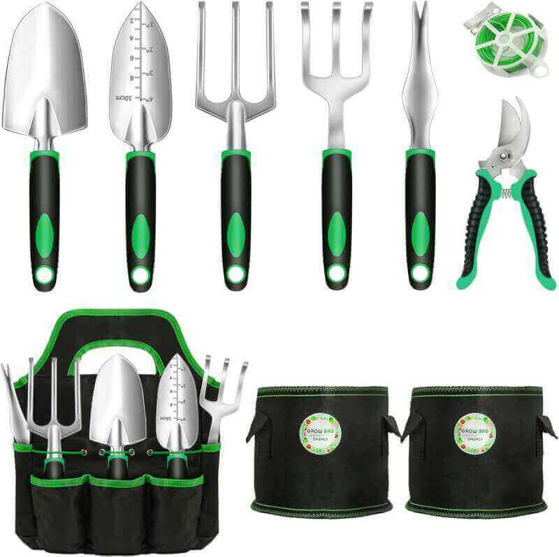 DMIMIA Garden Tool Set, 10 Pieces Heavy Duty Gardening Tools Kit with Plant Grow Bags and Garden Tote Bag for Tools, Gardening Gifts for Women and Men,No-Rust,No-Bend