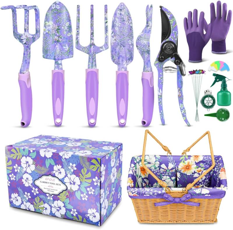 EAONE Garden Tools Set 105Pcs, Gardening Kit Includes Heavy Duty Aluminum Gardening Hand Tool, Kneeling Pad, Succulent Tools with Garden Tote Bag, Gardening Gift for Women Men and Plant Lover(Purple)
