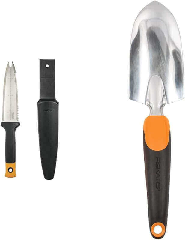 Fiskars 340130-1001 Garden Hori Knife with Sheath, Black  Ergo Gardening Hand Trowel - Ergonomic Handle Design with Hang Hole - Heavy Duty Garden Tool for Digging, Garden Edging, and Weed Removal