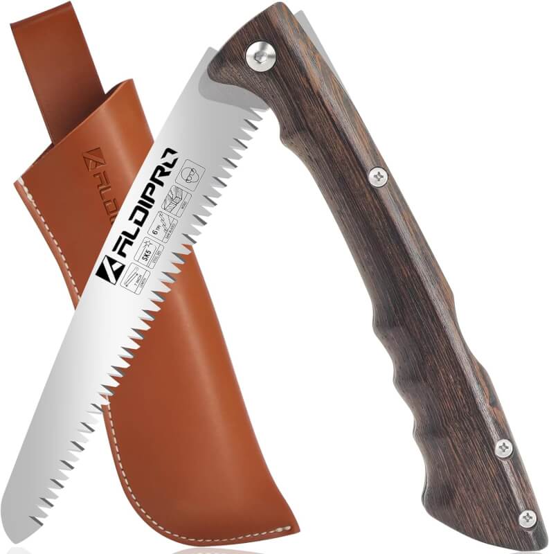 Folding Saw ALDIPRO Pruning Saw with Leather Sheath, Wenge Wood Handle, SK5 Steel Blade 7 Inch Small Saw, Safety Lock, Outdoor Portable Folding Hand Saw for Camping, Tree Trimming, Garden, Bushcraft
