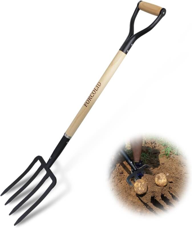 FORCOLID Garden Fork, 4-Tine Spading Digging Fork, Pitch Fork-45Inch, Forged Steel Y-Grip, Wood Handel