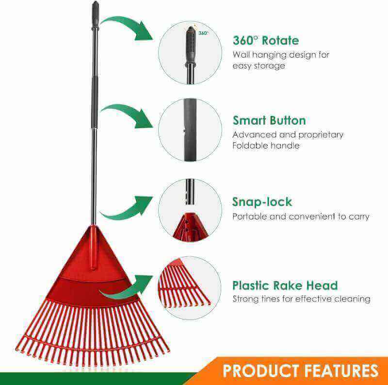 Garden Leaf Rake, 65.7 Garden Rakes with Foldable Lightweight Steel Handle, 26 Tines Plastic Head Shrub Rake, Folding Yard Garden Rake for Lawns, Grass, Flower Beds Leaves Cleaning, Black  Red