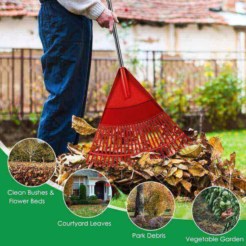 Garden Leaf Rake, 65.7 Garden Rakes with Foldable Lightweight Steel Handle, 26 Tines Plastic Head Shrub Rake, Folding Yard Garden Rake for Lawns, Grass, Flower Beds Leaves Cleaning, Black  Red