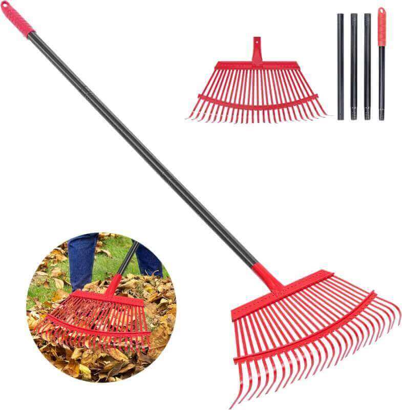 Garden Leaf Rake with 62 Inch Adjustable Long Steel Handle, 25 Metal Tines 18.1 Wide Garden Rake for Lawns Shrub Debris and Flower Beds