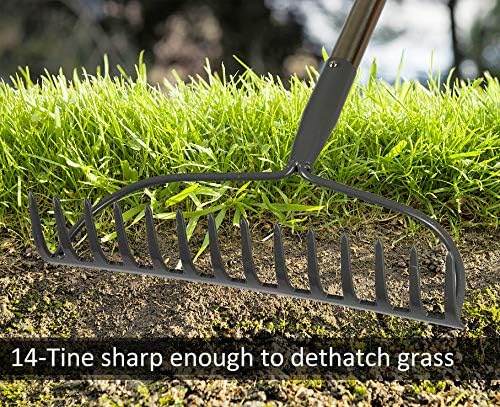 Garden Rake, 5 FT Metal Rake for Lawns - Level Head Rake with Stainless Steel Handle for Loosening Soil