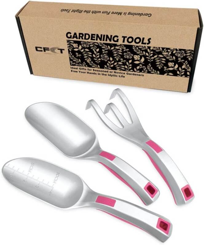 Garden Tool Set Ergonomic Handle, 3PC Heavy Duty Gardening Tools, Garden Shovel One-Piece Aluminum, Garden Gifts for Men Women, Garden Scoop, Garden Trowel, Cultivator Hand Rake, Green