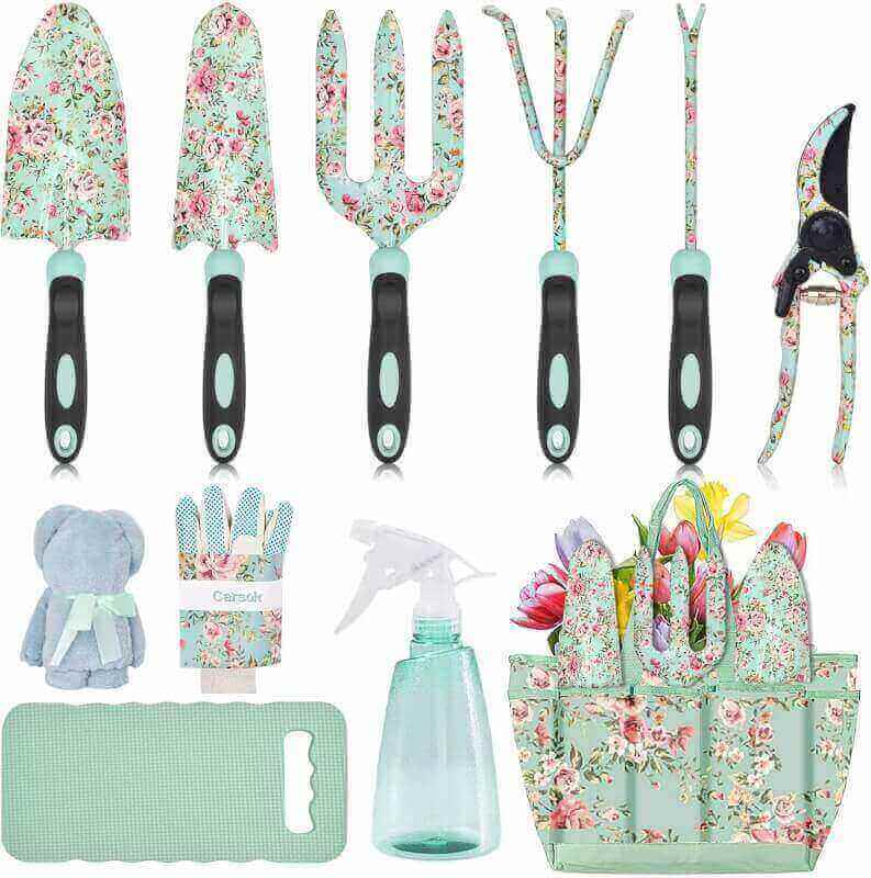 Garden Tools Set, Carsolt 11 Pcs Heavy Duty Floral Gardening Tools Kit with Non-Slip Rubber Handle, Special Gardening Gifts for Women Birthday Box