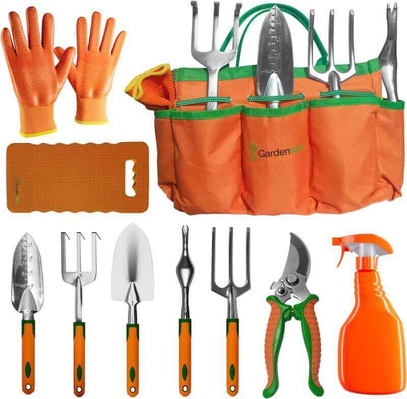 Gardening Hand Tool Set, 10 Pack Stainless Steel Kit with Tote Bag, Planting Accessories, and Lawn Care Tools - for Men and Women Gardeners - for Outdoor Garden Works and Yard Planting by GardenWerx