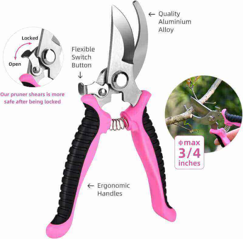 Gardening Tool Set, 5 Piece Aluminum Garden Tools Set, Heavy Duty Gardening Tools with Pruning Shears/Hand Trowel/Transplanter/Hand Rake/Folding Saw, Durable Pink Garden Gift for Woman