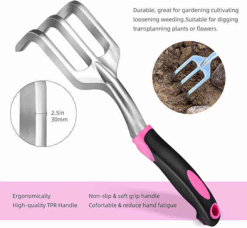 Gardening Tool Set, 5 Piece Aluminum Garden Tools Set, Heavy Duty Gardening Tools with Pruning Shears/Hand Trowel/Transplanter/Hand Rake/Folding Saw, Durable Pink Garden Gift for Woman