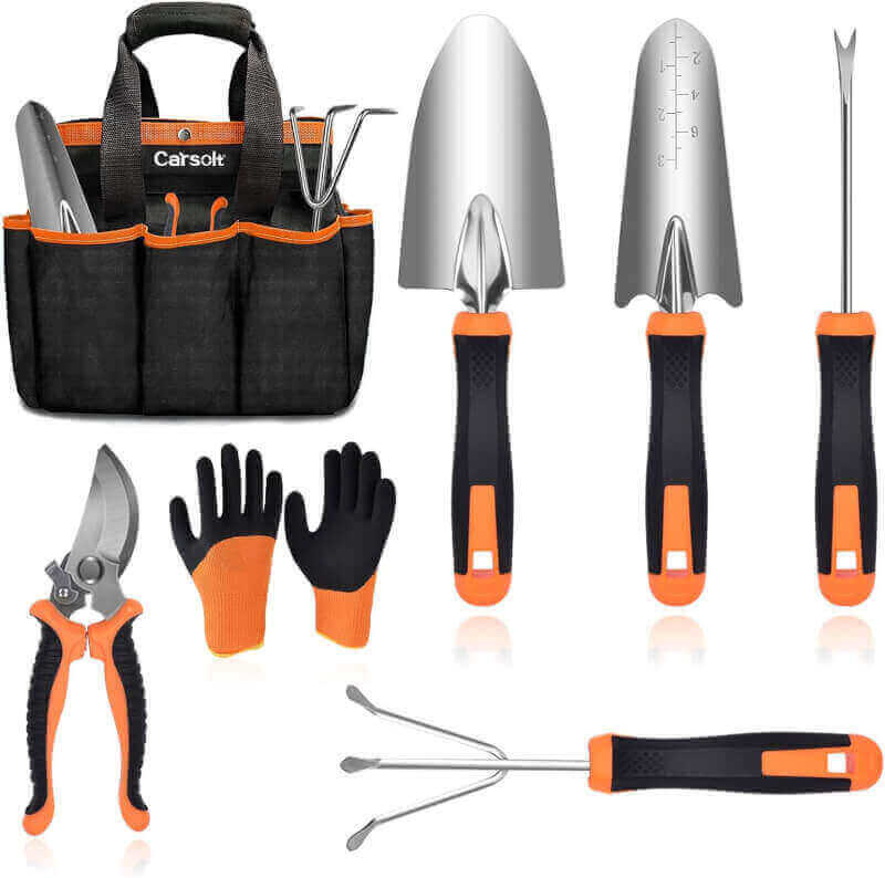 Gardening Tools, Carsolt 7 Piece Heavy Duty Stainless Steel Garden Tools Set with Ergonomic Rubber Handle. Variety of Gardening Hand Tools for Planting Gardening Kit Ideal Garden Gifts(Orange)