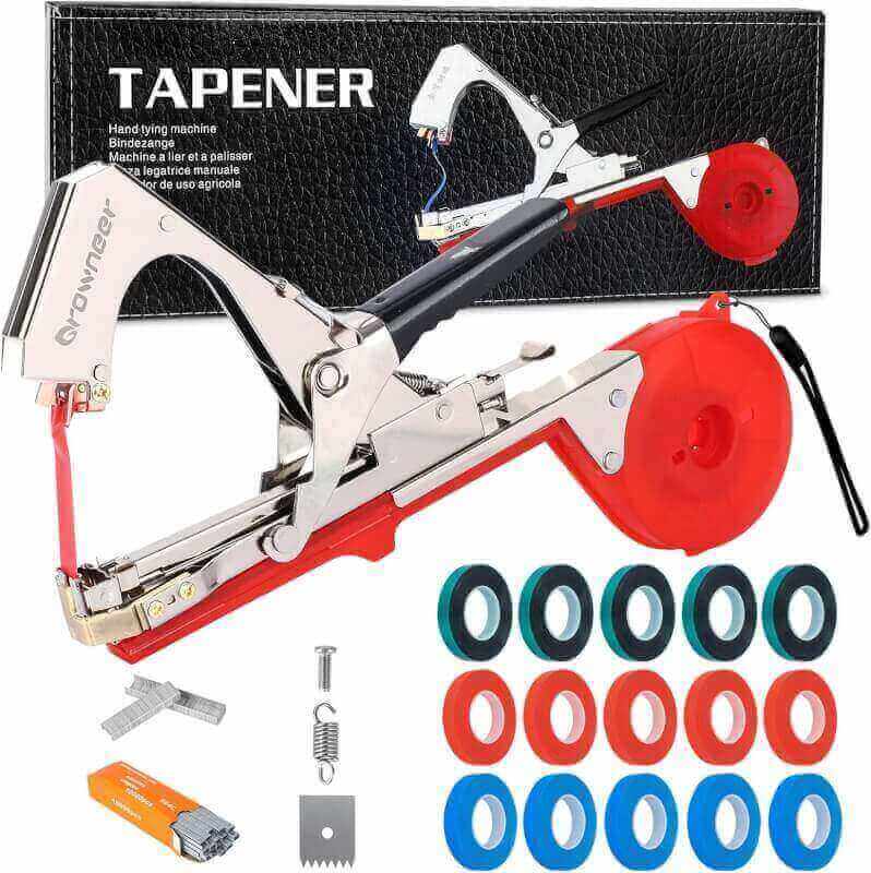 GROWNEER Plant Tying Machine, Plant Tapener, Tape Gun, Garden Tape Tool with 16 Rolls of Tapes and 1 Box of Staple for Grapes, Raspberries, Tomatoes, Vining Vegetables, Flower Planting(Red)