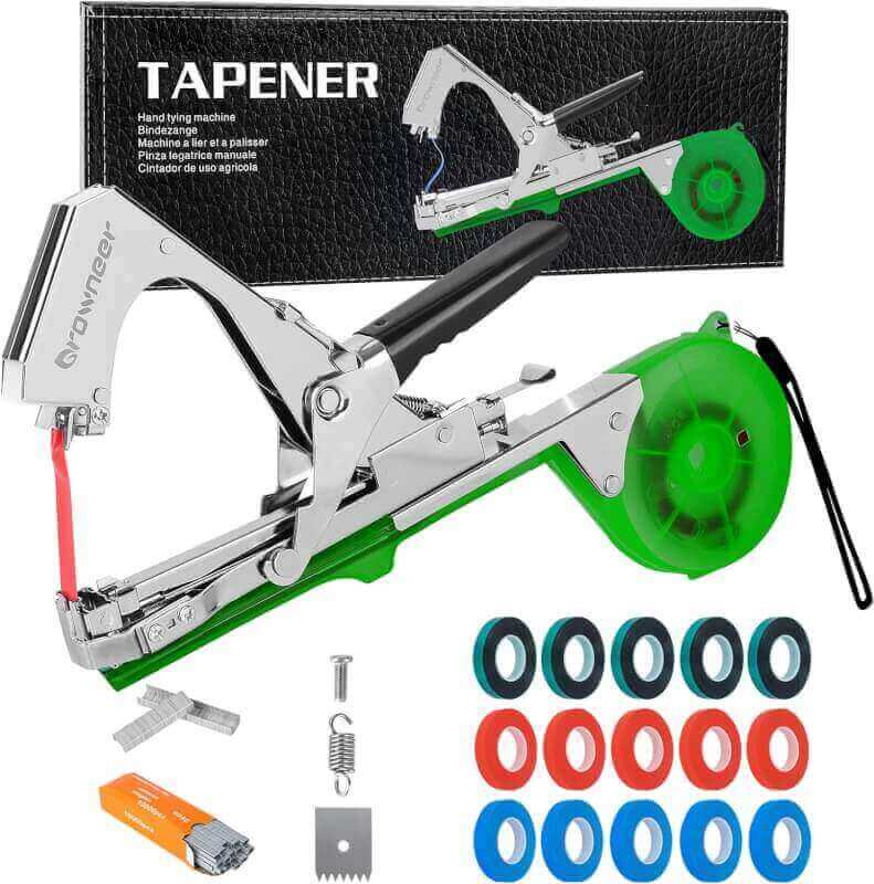 GROWNEER Plant Tying Machine, Plant Tapener, Tape Gun, Garden Tape Tool with 16 Rolls of Tapes and 1 Box of Staple for Grapes, Raspberries, Tomatoes, Vining Vegetables, Flower Planting(Green)