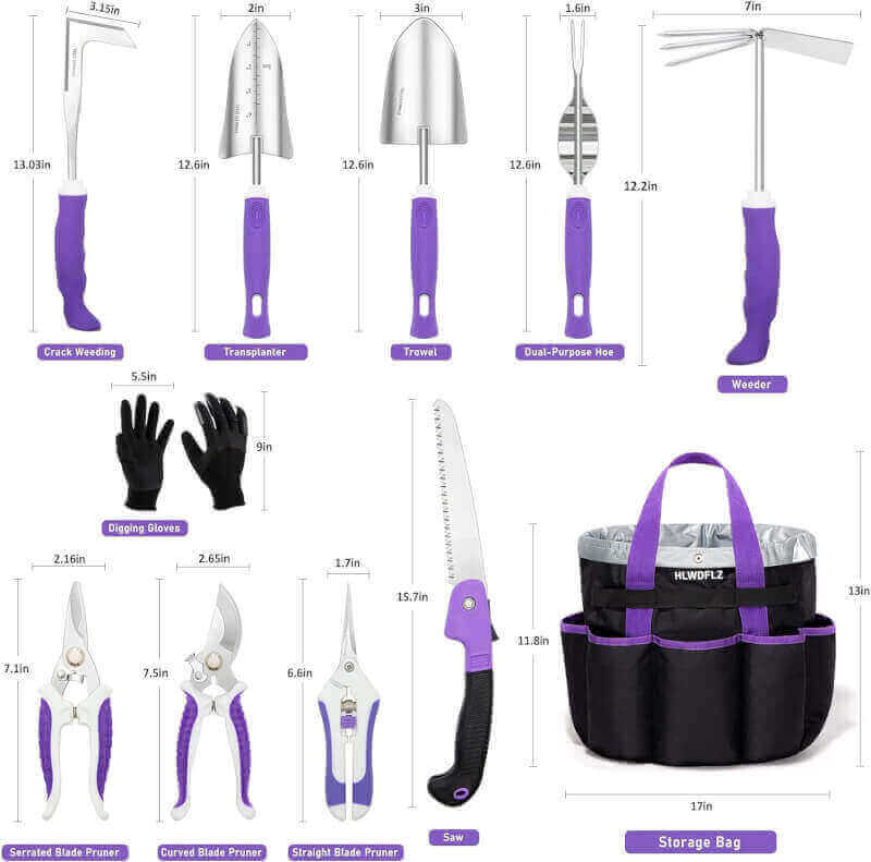 HLWDFLZ Purple Garden Tool Set Gardening Gifts for Women - 11PCS Heavy Duty Garden Tools with Detachable Storage Bag, Weeder, Dual-Purpose Hoe