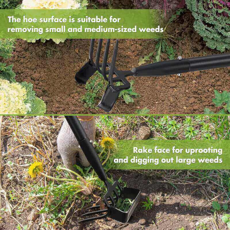 Hoe Garden Tool for Weeding,Stirrup Hoe and 4 Tines Rake 2-in-1 Gardening Tool,Long Handle Hula Hoe for Garden,Lawn,Vegetable Garden Loose Soil,Weeding and Planting…