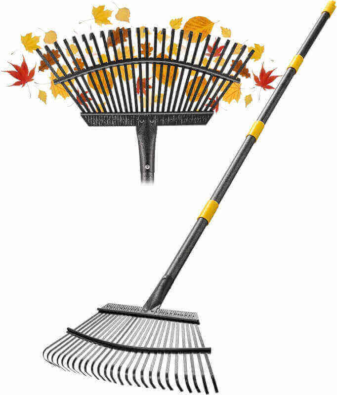 Leaf Rake 25 Metal Tines, Garden Rake for Leaves Lawns Heavy Duty, Yard Gardening Hand Tools and 65” Back-Saving Long Steel Handle, Quick Clean Up Debris, Grass, Anti-Rust and Detachable for Camping