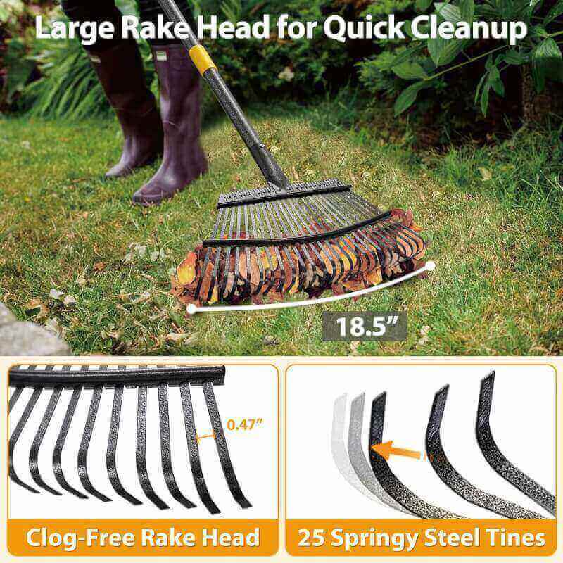 Leaf Rake 25 Metal Tines, Garden Rake for Leaves Lawns Heavy Duty, Yard Gardening Hand Tools and 65” Back-Saving Long Steel Handle, Quick Clean Up Debris, Grass, Anti-Rust and Detachable for Camping