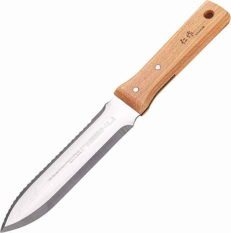 Nisaku NJP6510 Namibagata Hori Weeding  Digging Knife Japanese 7.25 Blade, 6-Inch, Includes Weather Resistant Hard Plastic Sheath, Stainless Steel/Wood Handle