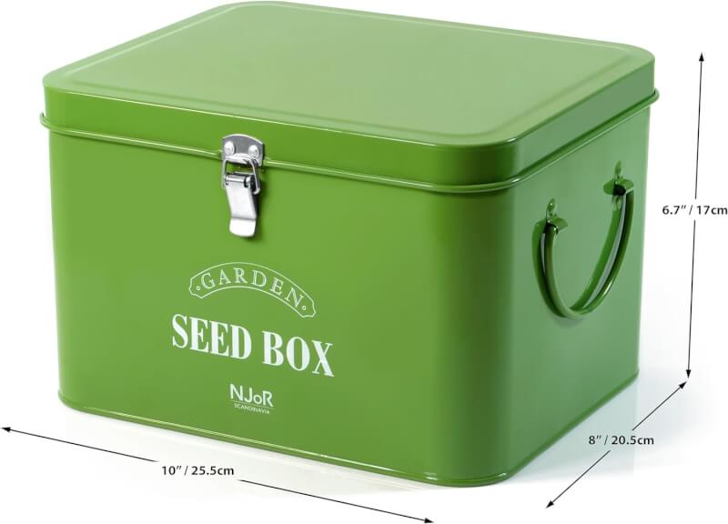 NJoR Scandinavia Steel Seed Packet Storage Box Organizer in Green. Robust Seed Package Container for Seeds and Bulbs Complete with 10 Seed Envelopes