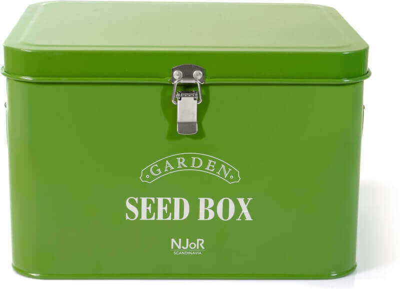 NJoR Scandinavia Steel Seed Packet Storage Box Organizer in Green. Robust Seed Package Container for Seeds and Bulbs Complete with 10 Seed Envelopes